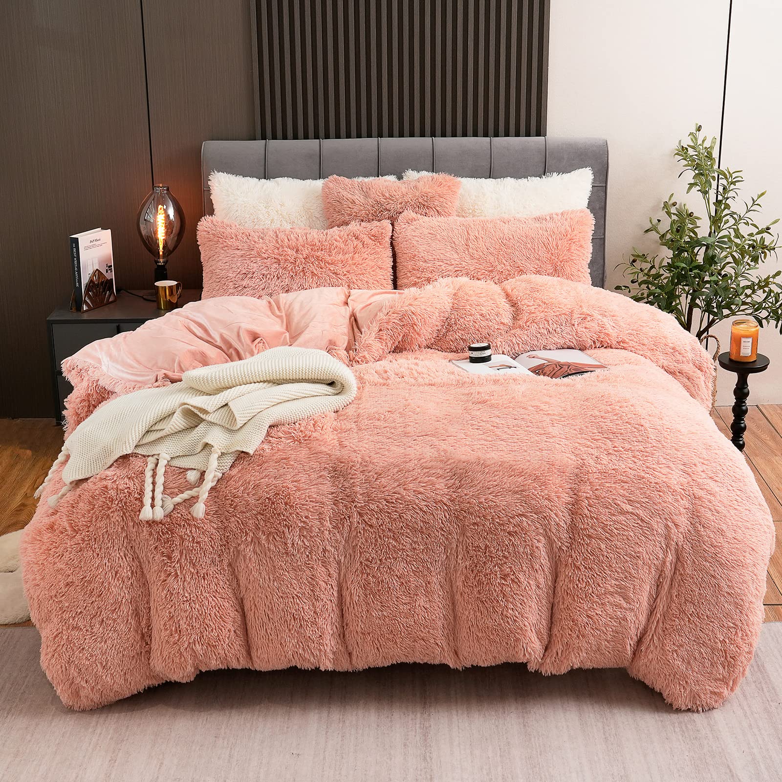 Fluffy Plush Pink Duvet Cover Set Queen Size, Luxury Ultra Soft Velvet Fuzzy Comforter Cover Bed Sets 4Pcs(1 Faux Fur Duvet Cove